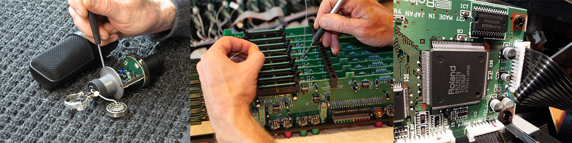 Studio microphone on the bench being repaired, Closeup of mixing board having solder work done on it, closeup of Roland processing circuit board.